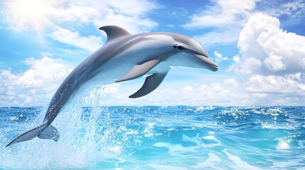 Wall Mural - a dolphin leaps out of the water, its sleek body catching the sunlight.