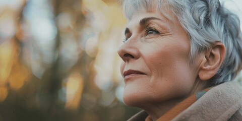 Poster - A gentle older woman with grey hair and glasses looking into the distance, contemplating or sightseeing. She has a serene expression on her face