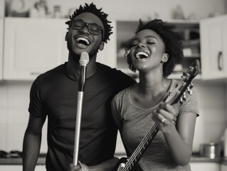 Canvas Print - The image shows a man and woman joyfully performing music together, with the man holding a microphone and the woman playing guitar. They are both laughing and appear to be having a great time