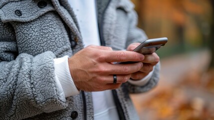 A man is holding a cell phone in his hand while wearing a gray jacket