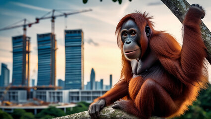 Borneo Orangutan Portrait on Tree with New Capital Construction Background