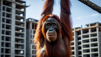 Borneo Orangutan Portrait on Tree with New Capital Construction Background