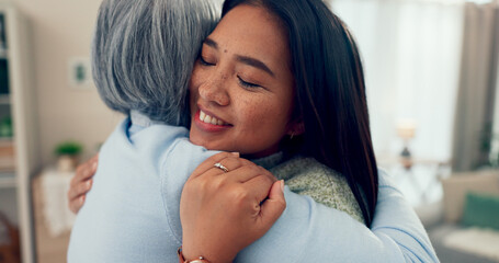 Sticker - Home, hug and mama with adult daughter, happiness and kindness in living room. Apartment, mother and girl in lounge, embrace and bonding together with comfort, smile and support with family or parent