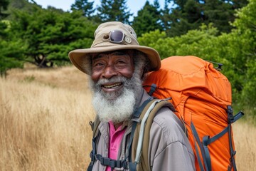 Poster - A man with a big beard and a hat is smiling and wearing a red backpack. He looks happy and content