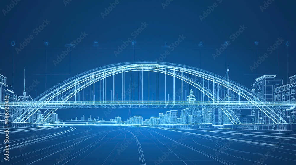 Civil engineering wireframe blueprint of modern bridge on blue ...