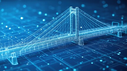 Bridge wireframe blueprint engineering design on blue background