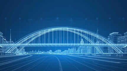 Civil engineering wireframe blueprint of modern bridge on blue background