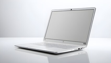  A sleek, high-gloss white aluminum laptop body with a blank, high-resolution screen sits isolated on a pure white backdrop, evoking a sense of concentration and precision. The laptop's surface is ado