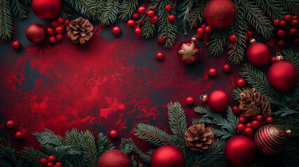 Christmas holiday background with red ornaments, green branches on red background. Generative AI