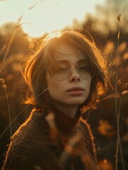 Sticker - A woman with glasses and a brown sweater is standing in a field. The sun is shining brightly, casting a warm glow on her face. Concept of peace and tranquility