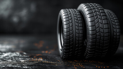 Four black car tires on black background with empty copy space for advertisements. Generative AI