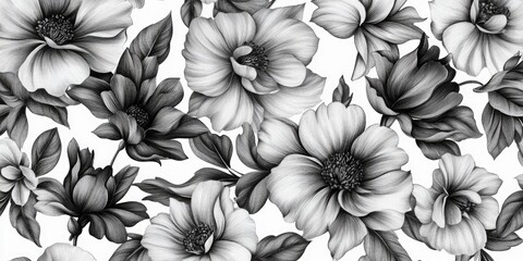 Canvas Print - A black and white floral patterned background with flowers. The flowers are drawn in a stylized way, with some of them appearing to be in motion. Scene is serene and calming