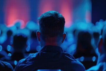 Wall Mural - A man is sitting in a dark theater with a crowd of people. The man is looking at the stage, and the audience is watching a performance. Scene is one of anticipation and excitement