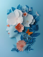 Wall Mural - A woman's face is made of paper flowers and butterflies. The flowers are pink and blue, and the butterflies are orange. The image has a whimsical and playful mood