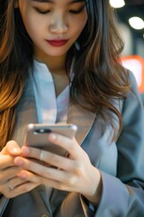 Poster - A woman is looking at her phone while wearing a suit. She is holding the phone in her right hand