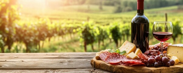 Rustic vineyard setting with red wine, cheese, and fruits, capturing a serene countryside ambiance