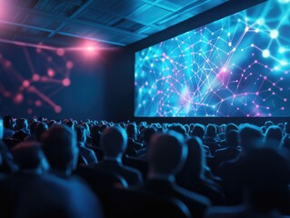 A large screen with a blue background and a lot of people watching it. The people are wearing suits and ties