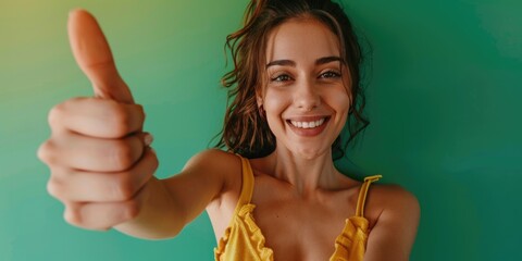 Wall Mural - A woman in a yellow tank top is giving a thumbs up. She is smiling and she is happy