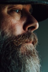 Poster - A man with a beard and a hat is looking at the camera. Concept of mystery and intrigue, as the man's facial hair and hat create a sense of depth and complexity