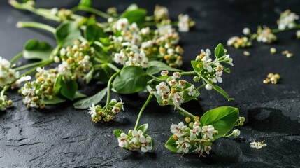 Wall Mural - A bunch of white flowers are on a black surface. The flowers are scattered and some are in the foreground while others are in the background