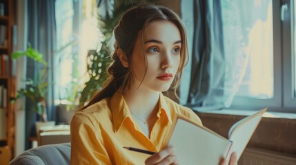 Canvas Print - A woman in a yellow shirt is sitting in front of a window with a book in her hand. She is writing in a notebook