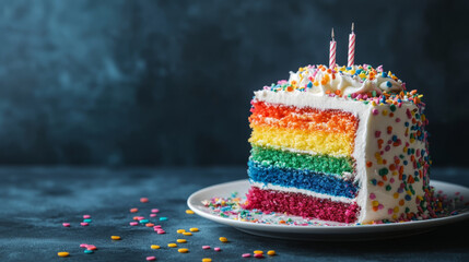 Wall Mural - Vibrant rainbow cake slice with sprinkles and lit candles