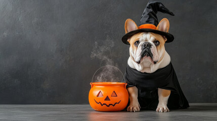 a bulldog in witch costume sits next to bubbling pumpkin cauldron, creating fun and festive hallowee