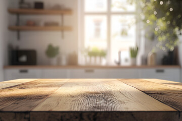 Empty wooden table top on blurred kitchen interior background