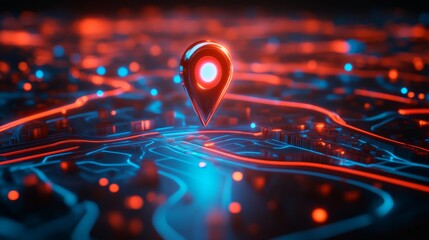 Poster - Futuristic digital map with glowing location pin, technology concept