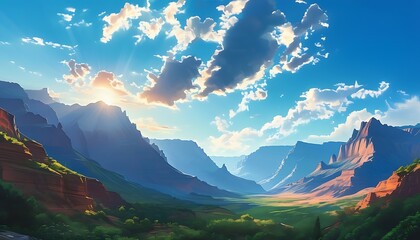 Wall Mural - Beautiful mountains and canyons shine in the sun, and clouds dot the blue sky, forming a dreamy natural scenery.