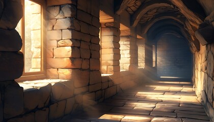 Wall Mural - A mysterious ancient corridor, warm light shines through the windows on the ancient stone walls, creating a peaceful and mysterious atmosphere.