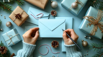 Person writing holiday card with blue envelopes, wrapped gifts, and festive Christmas decorations on a light blue background.