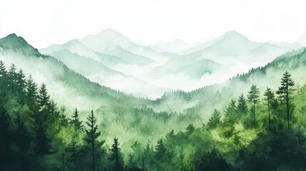 Watercolor of landscape forest misty mountains horizon and fog and hills,pine tree fir tree,Autumn forest background,drawn by hand,Autumn illustration design elements for landscape,wallpaper.