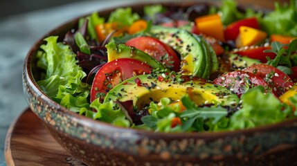 Salad of avocado and vegetables mixed greens lettuce leaves ready to eat. 