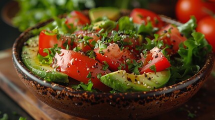 Salad of avocado and vegetables mixed greens lettuce leaves ready to eat. 