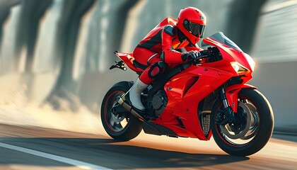 Wall Mural - Adrenaline-fueled rush of a male motorcyclist racing on a sleek red sportbike, embodying dynamic movement and the essence of motorsport excitement