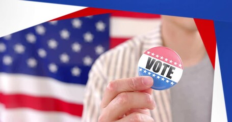 Poster - Animation of caucasian man holding badge with vote text over flag of usa