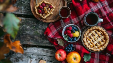 Cozy and tasty autumn picnic in a forest: tea, pie and fresh fruits on the red plaid. Rustic decor fall vibes