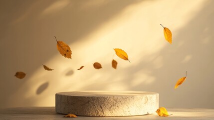 Autumn leaves floating over round stone pedestal