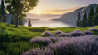 © JHONDOMINIC - Rolling Meadows of Green Grass Leading to a Calm Lake at Sunset, Surrounded by Blooming Lavender and Tall Oak Trees with Distant Mountains, Ultra-Realistic 8K