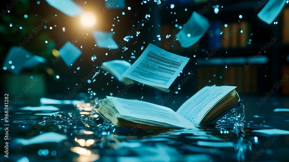 Document Is Raining Waterlogged documents and ruined books floating on an office floor ...