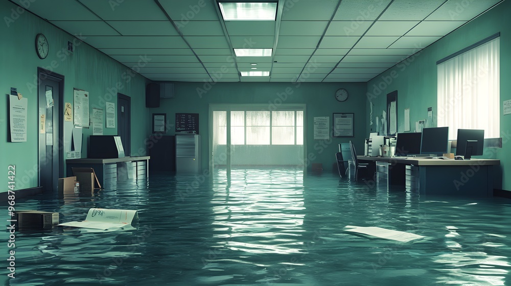 Waterlogged office interior, computers and files submerged, rippling ...