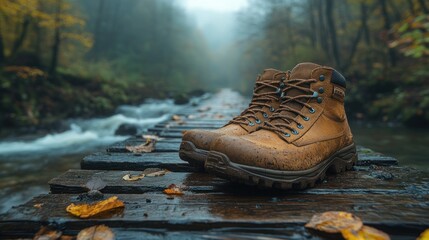 Hiking boots on a wooden bridge by a misty river in autumn.