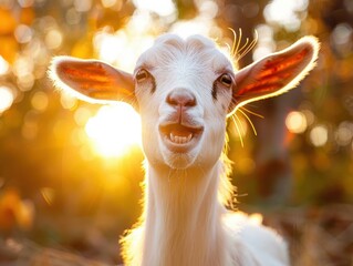 Poster - A goat smiles at the camera in the warm glow of sunset. AI.