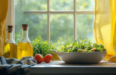 Fresh salad bowl and olive oil bottles on a white table by a sunny window backdrop