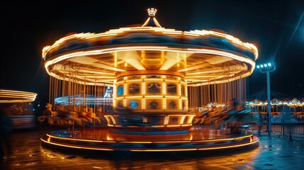 A brightly lit carousel spins in the night, creating streaks of light. AI.