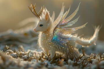 Sticker - A small, white, winged creature with antlers. AI.