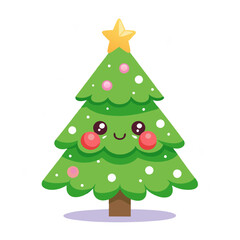 Kawaii Christmas Cheer: Adorable Christmas tree with a joyful smile, adorned with baubles and a shining star, embodies the festive spirit. 