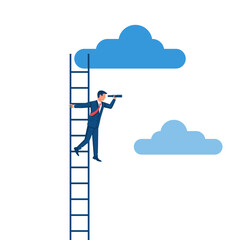 Wall Mural - Search solution. Look forward. Vision business concept. Seeing future. Vector design. Spyglass in hand. Search solution. Man on a ladder with binoculars. Searching for a new job.