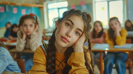 Poster - A young girl sits in a classroom, looking thoughtful. AI.